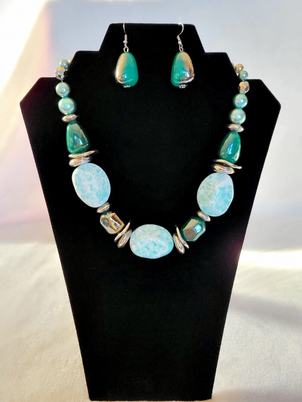 Paparazzi In Good Glazes Green Teal Chunky Bead Statement Necklace Earring Set